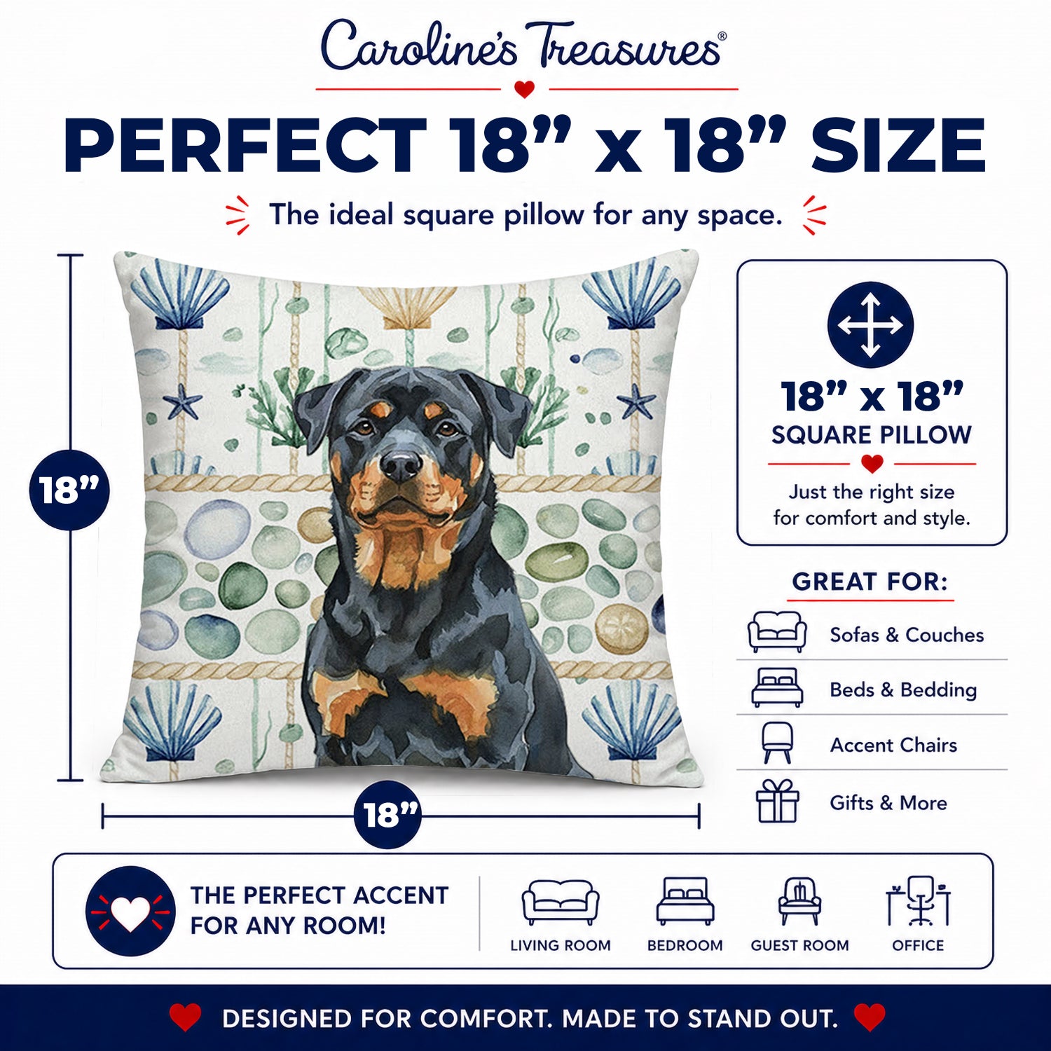 Rottweiler Coastal Sea Glass Decorative Throw Pillow 18x18 Indoor Outdoor Accent Cushion, Fabric Cover with Insert for Sofa, Bed, Porch & Living Room