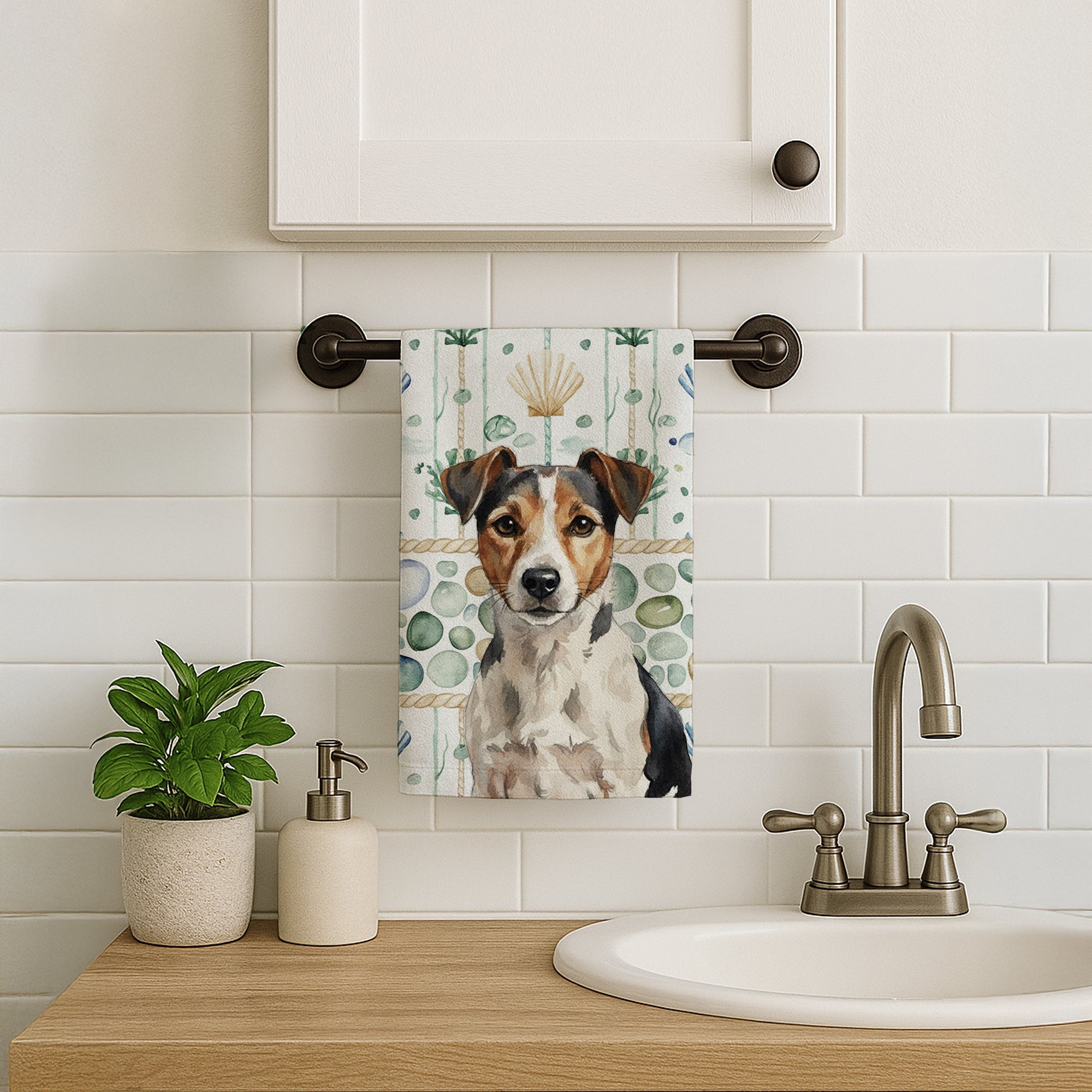 Tricolor Russell Terrier Coastal Sea Glass Kitchen Towel Velour Plush Front and Cotton Loop Back Machine Washable