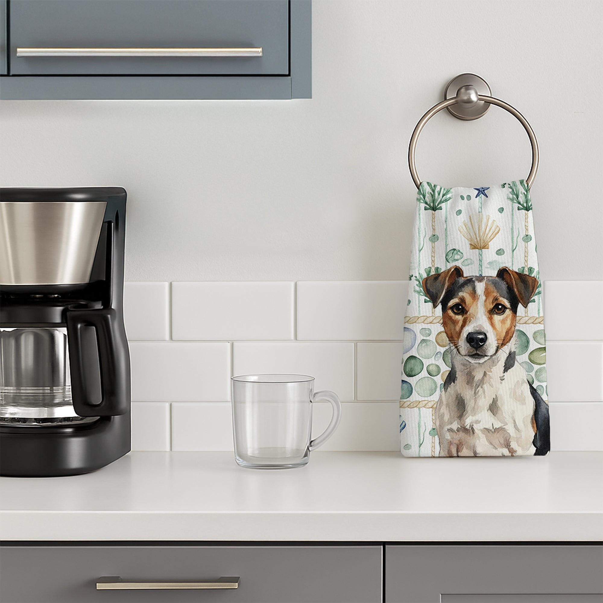 Tricolor Russell Terrier Coastal Sea Glass Kitchen Towel Velour Plush Front and Cotton Loop Back Machine Washable