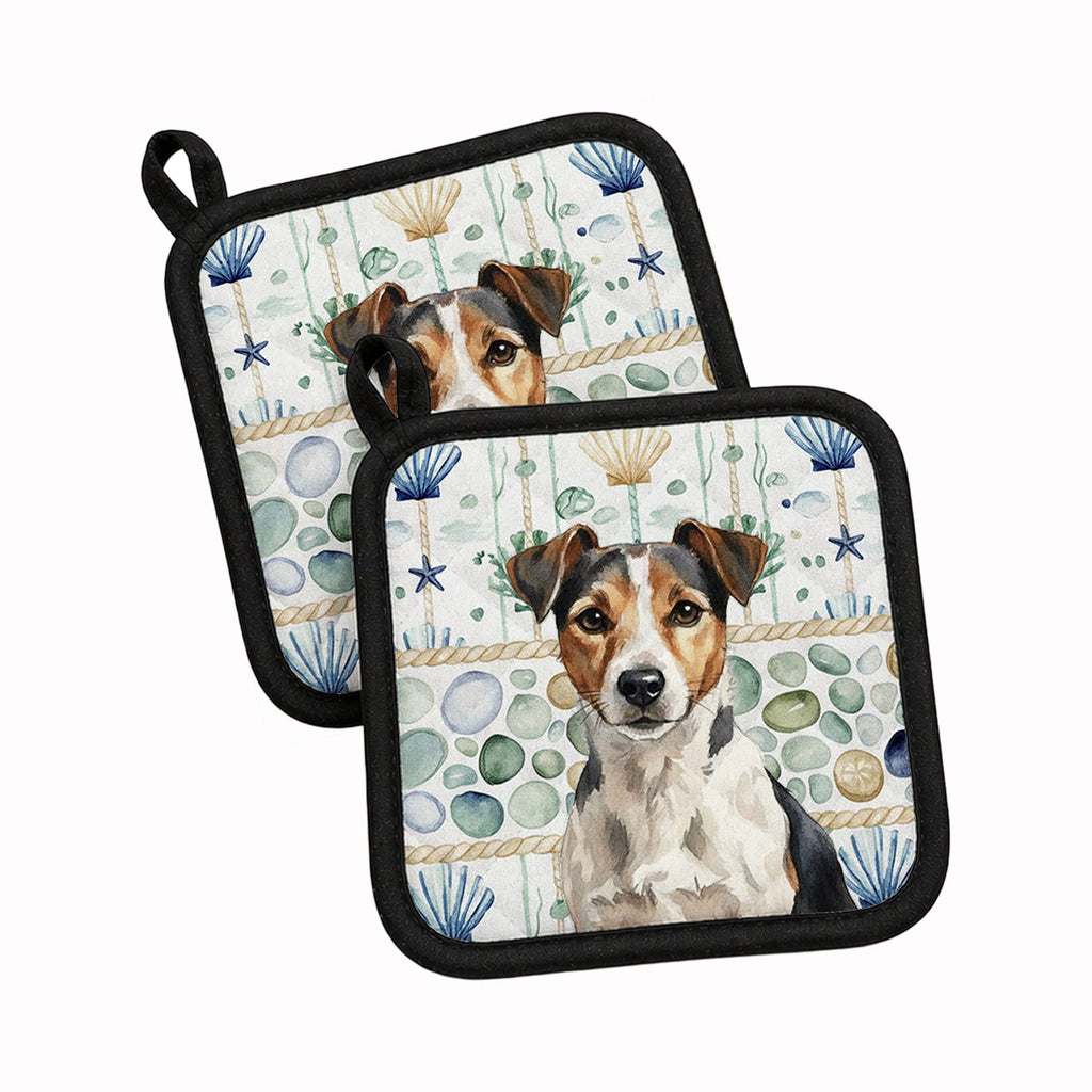 Tricolor Russell Terrier Coastal Sea Glass Pot Holder Set of 2 Heat Resistant Quilted Hot Pads 7.5 x 7.5 Inch, Insulated Kitchen Trivets for Cooking & Baking