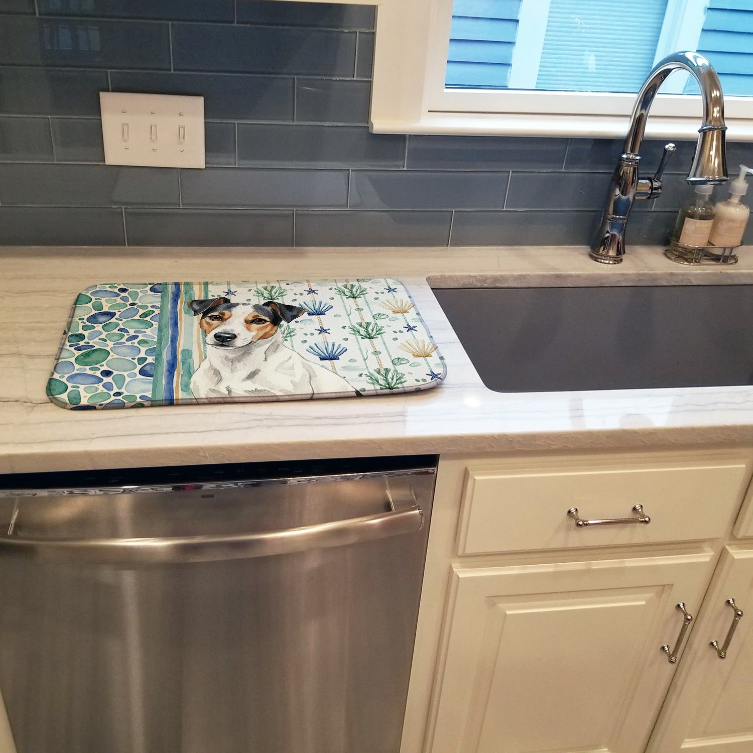 White with Black Markings Russell Terrier Coastal Sea Glass Dish Drying Mat Absorbent Dish Drying Mat Pad for Kitchen Counter Dish Drainer Mat for Countertop, 14 x 21", Multicolor