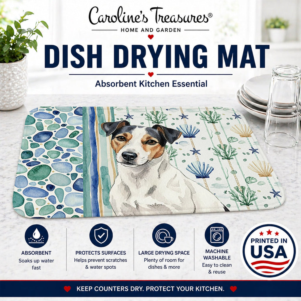 White with Black Markings Russell Terrier Coastal Sea Glass Dish Drying Mat Absorbent Dish Drying Mat Pad for Kitchen Counter Dish Drainer Mat for Countertop, 14 x 21", Multicolor