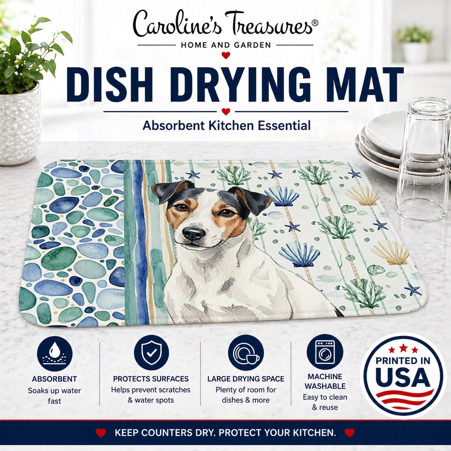 White with Black Markings Russell Terrier Coastal Sea Glass Dish Drying Mat Absorbent Dish Drying Mat Pad for Kitchen Counter Dish Drainer Mat for Countertop, 14 x 21", Multicolor