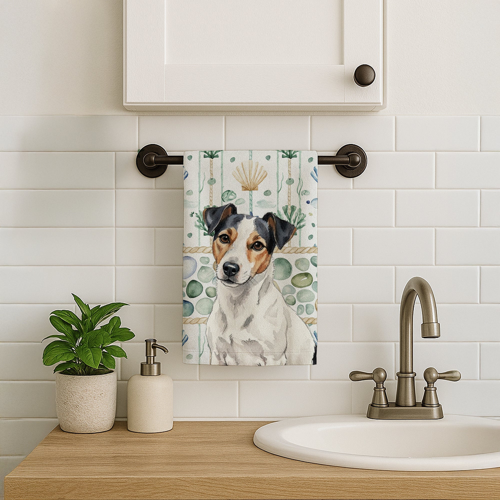 White with Black Markings Russell Terrier Coastal Sea Glass Kitchen Towel Velour Plush Front and Cotton Loop Back Machine Washable