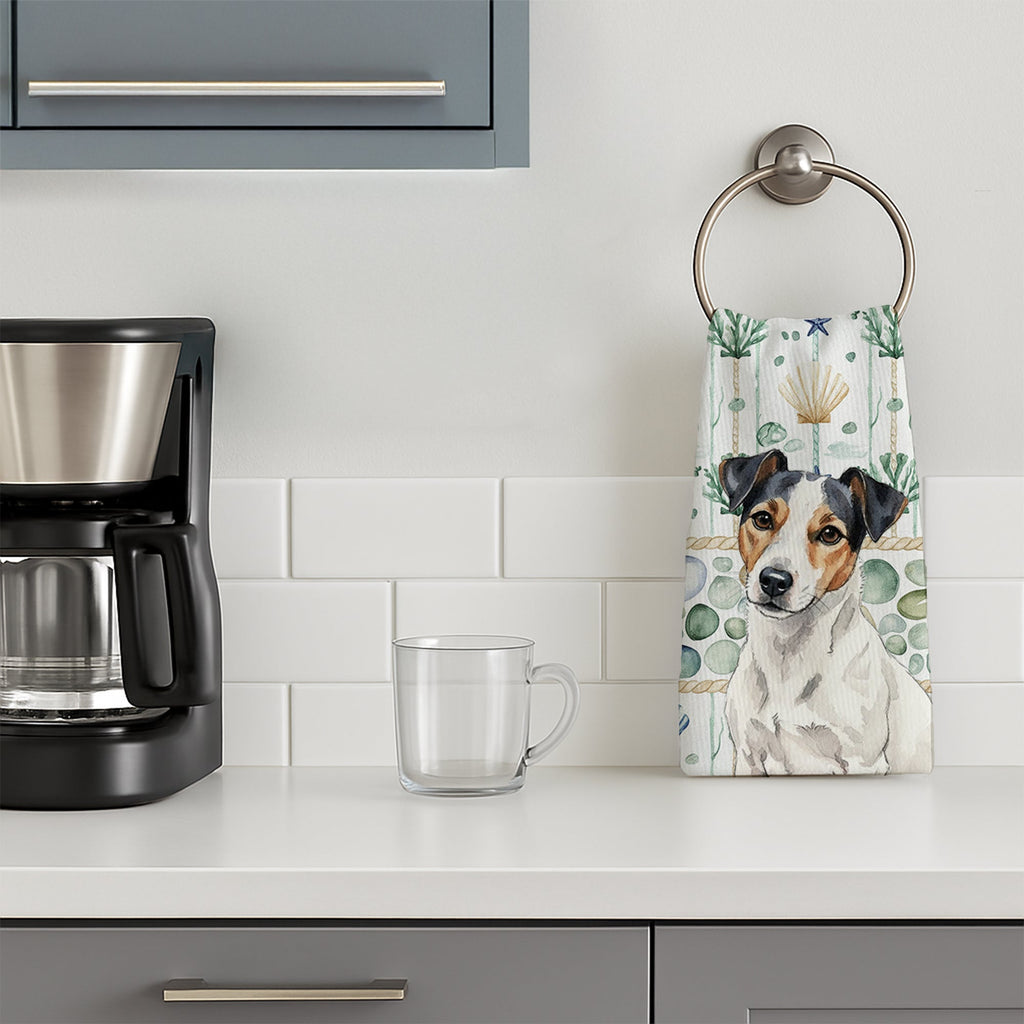White with Black Markings Russell Terrier Coastal Sea Glass Kitchen Towel Velour Plush Front and Cotton Loop Back Machine Washable