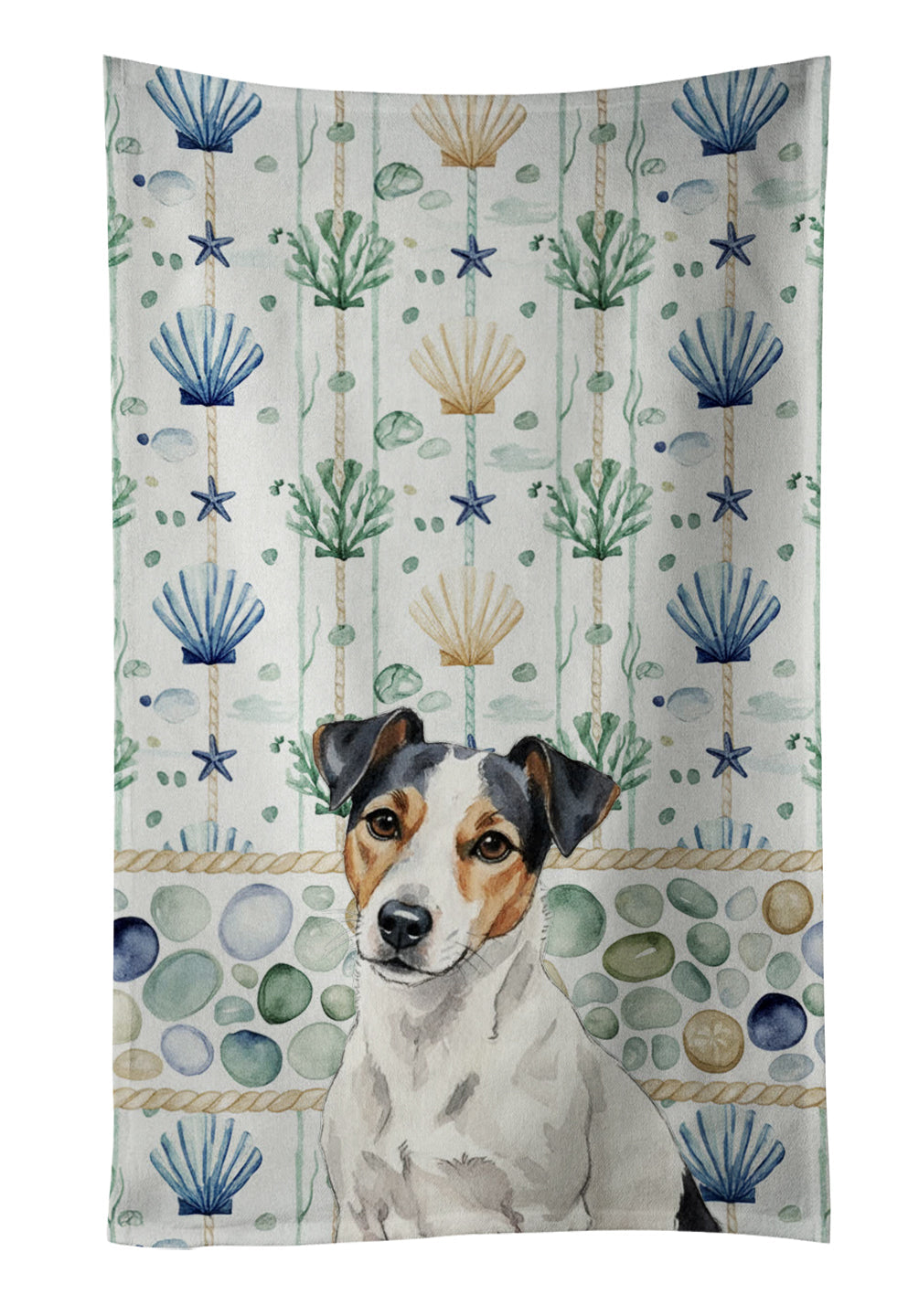 White with Black Markings Russell Terrier Coastal Sea Glass Kitchen Towel Velour Plush Front and Cotton Loop Back Machine Washable