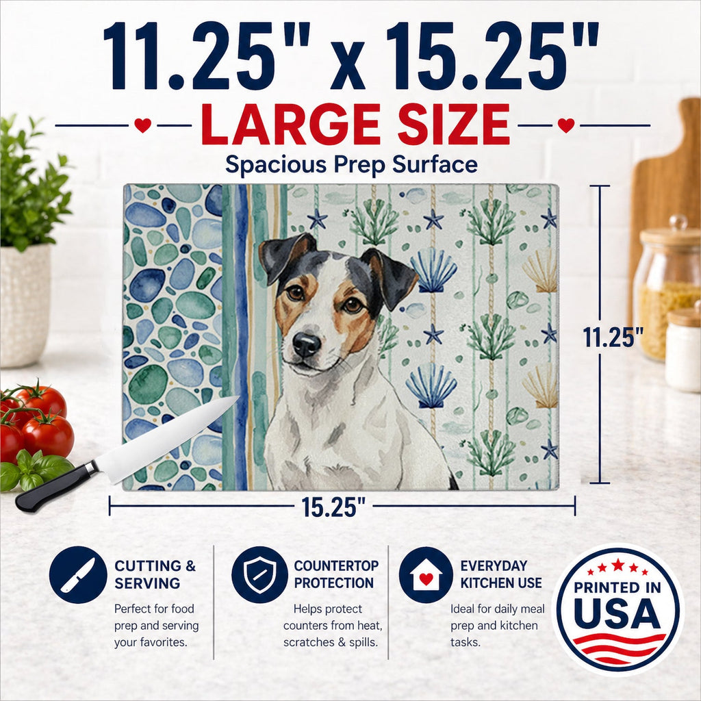 White with Black Markings Russell Terrier Coastal Sea Glass Cutting Board Tempered Glass Kitchen Cutting Surface, Heat Resistant Chopping, Non-Slip Feet, Food Prep & Serving