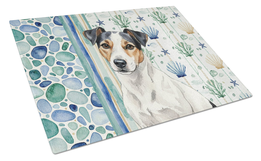 White with Black Markings Russell Terrier Coastal Sea Glass Cutting Board Tempered Glass Kitchen Cutting Surface, Heat Resistant Chopping, Non-Slip Feet, Food Prep & Serving