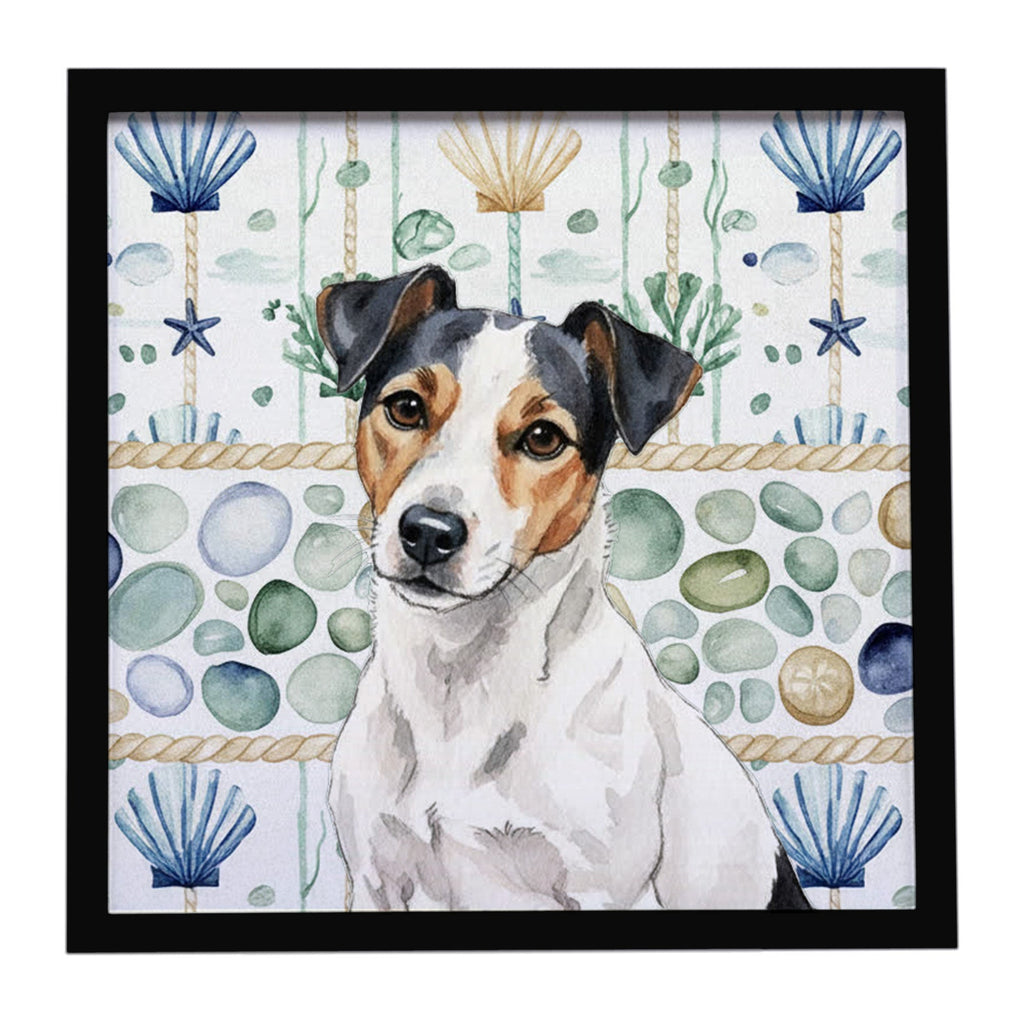 White with Black Markings Russell Terrier Coastal Sea Glass Framed Metal Print Bathroom, Kitchen, Office, Home Decor Wall Art Ready to Hang, Square, 8X8