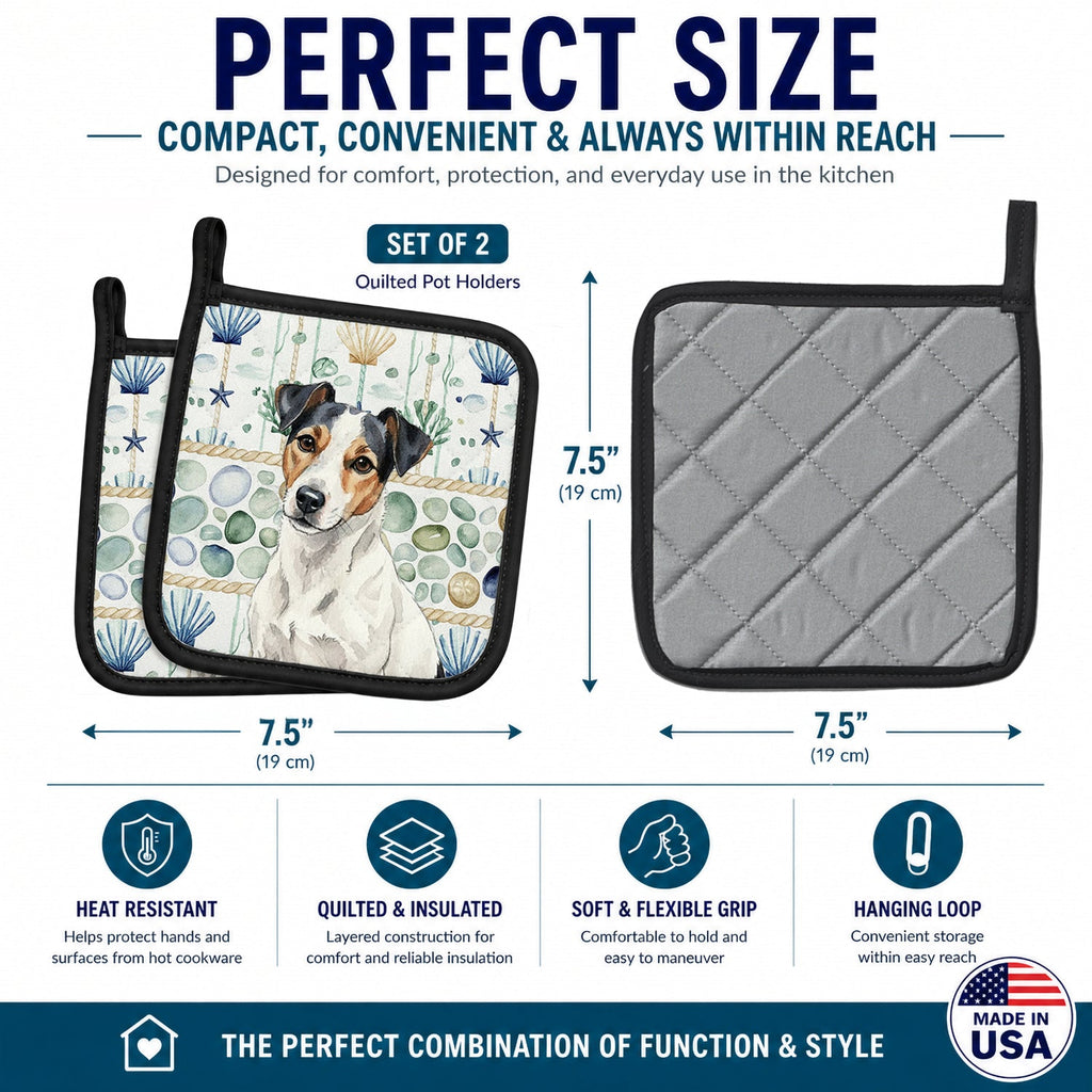 White with Black Markings Russell Terrier Coastal Sea Glass Pot Holder Set of 2 Heat Resistant Quilted Hot Pads 7.5 x 7.5 Inch, Insulated Kitchen Trivets for Cooking & Baking