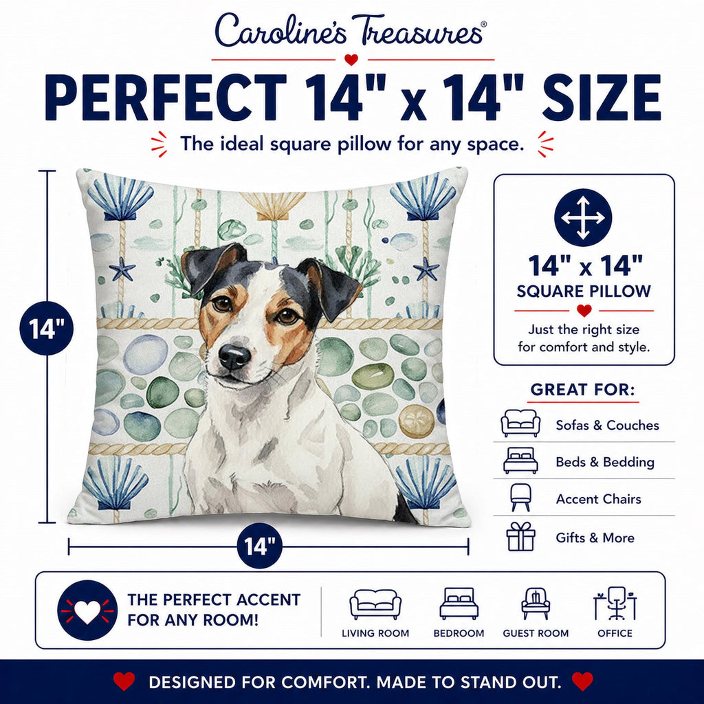 White with Black Markings Russell Terrier Coastal Sea Glass Decorative Throw Pillow 14x14 Indoor Outdoor Accent Cushion, Fabric Cover with Insert for Sofa, Bed, Porch & Living Room