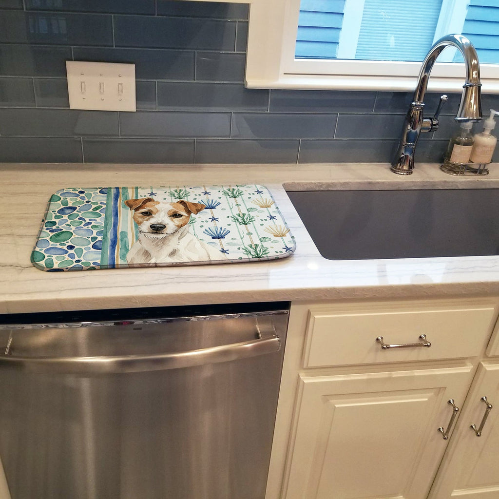 White with Tan Markings Russell Terrier Coastal Sea Glass Dish Drying Mat Absorbent Dish Drying Mat Pad for Kitchen Counter Dish Drainer Mat for Countertop, 14 x 21", Multicolor