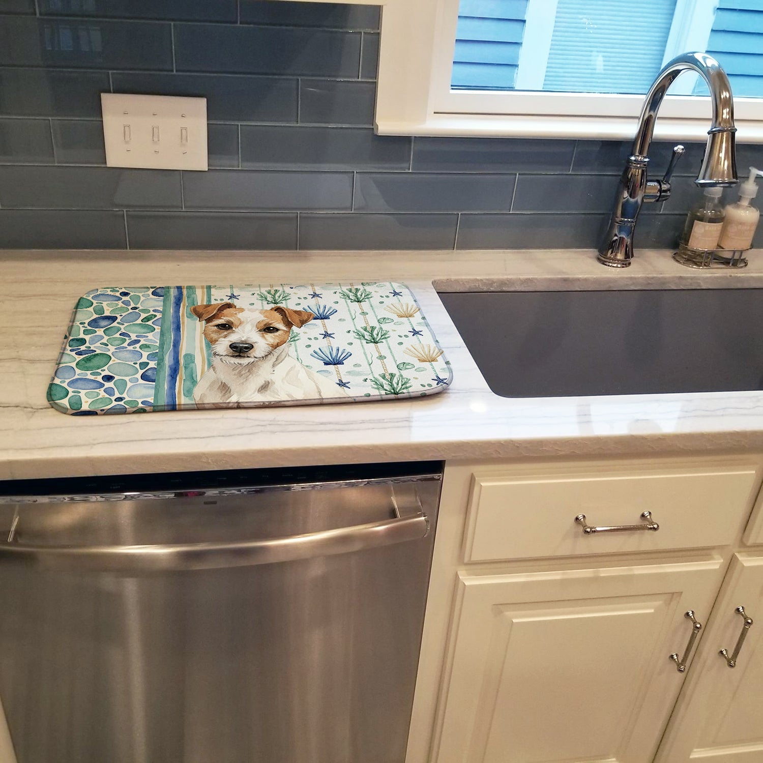 White with Tan Markings Russell Terrier Coastal Sea Glass Dish Drying Mat Absorbent Dish Drying Mat Pad for Kitchen Counter Dish Drainer Mat for Countertop, 14 x 21", Multicolor