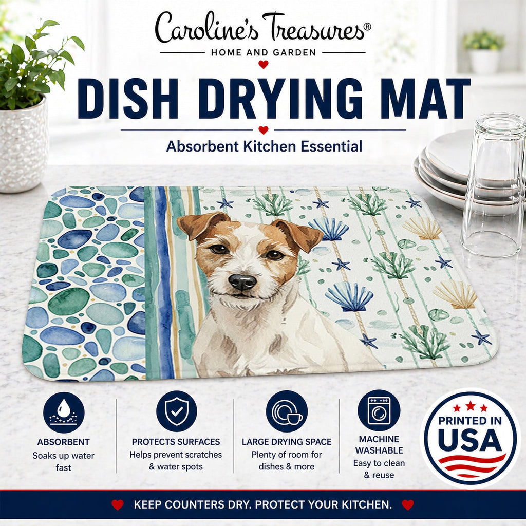 White with Tan Markings Russell Terrier Coastal Sea Glass Dish Drying Mat Absorbent Dish Drying Mat Pad for Kitchen Counter Dish Drainer Mat for Countertop, 14 x 21", Multicolor