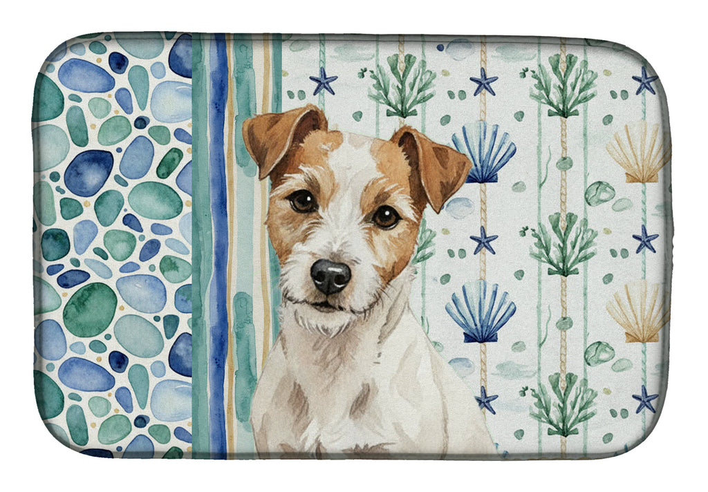 White with Tan Markings Russell Terrier Coastal Sea Glass Dish Drying Mat Absorbent Dish Drying Mat Pad for Kitchen Counter Dish Drainer Mat for Countertop, 14 x 21", Multicolor