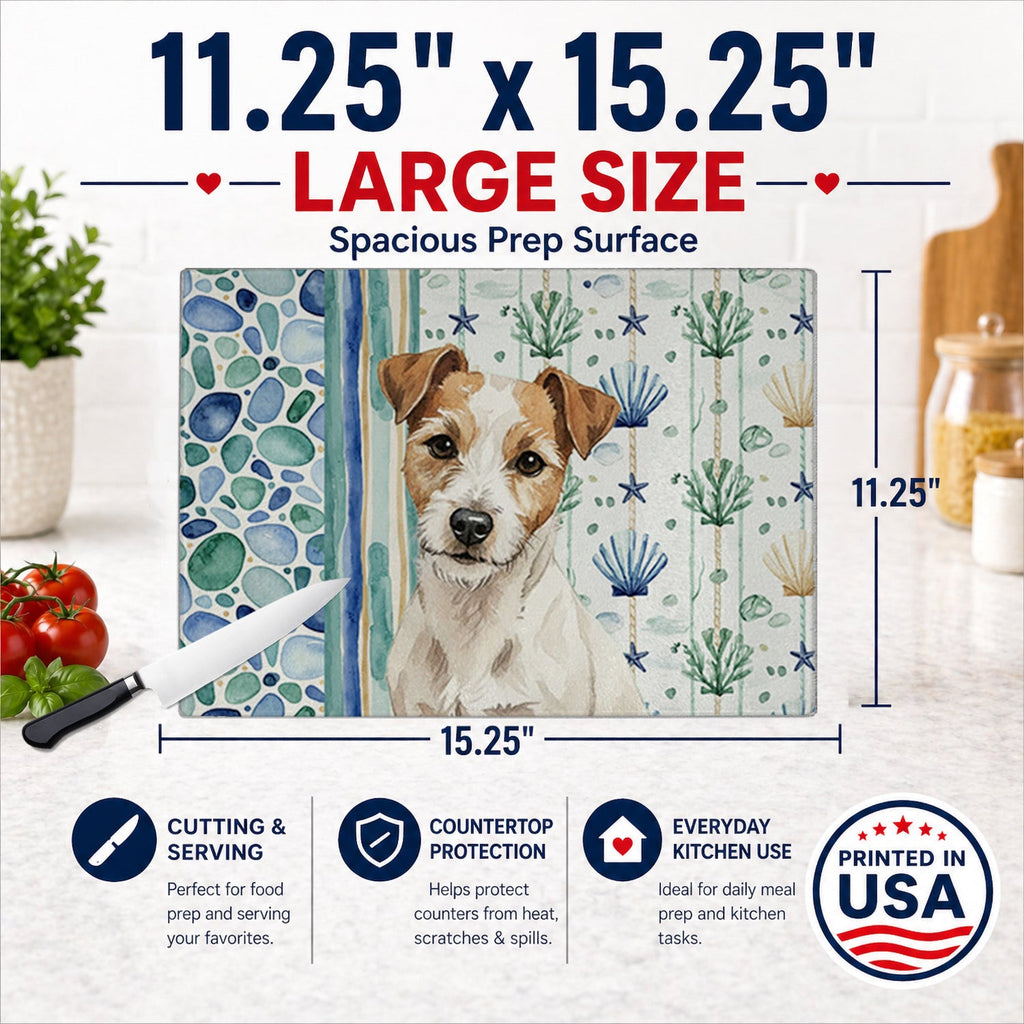 White with Tan Markings Russell Terrier Coastal Sea Glass Cutting Board Tempered Glass Kitchen Cutting Surface, Heat Resistant Chopping, Non-Slip Feet, Food Prep & Serving