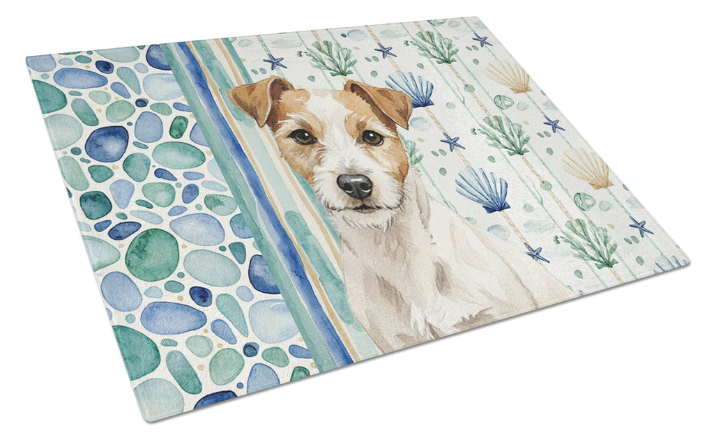 White with Tan Markings Russell Terrier Coastal Sea Glass Cutting Board Tempered Glass Kitchen Cutting Surface, Heat Resistant Chopping, Non-Slip Feet, Food Prep & Serving