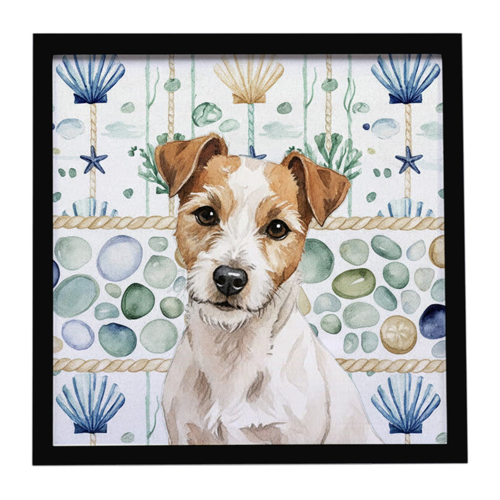 White with Tan Markings Russell Terrier Coastal Sea Glass Framed Metal Print Bathroom, Kitchen, Office, Home Decor Wall Art Ready to Hang, Square, 8X8