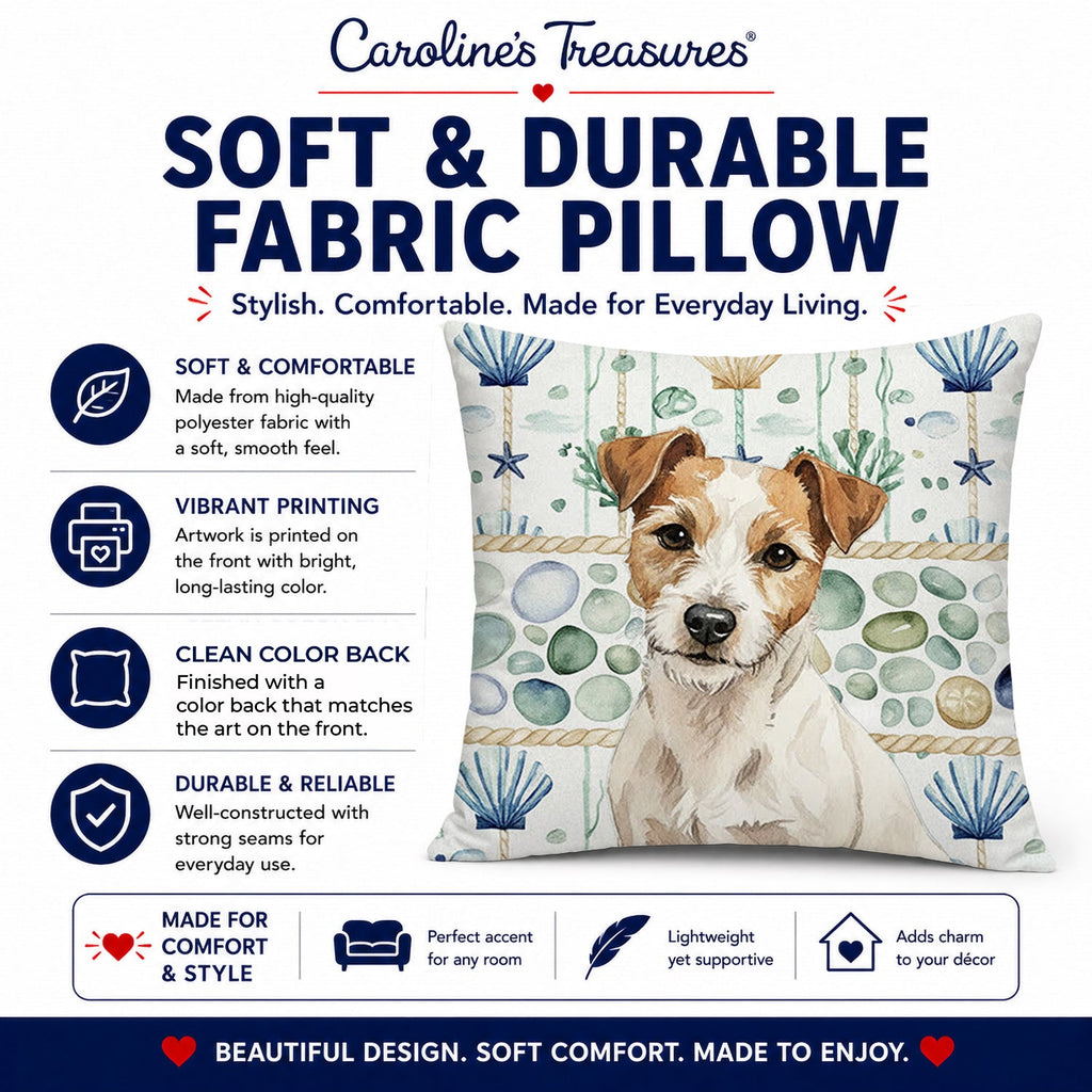 White with Tan Markings Russell Terrier Coastal Sea Glass Decorative Throw Pillow 14x14 Indoor Outdoor Accent Cushion, Fabric Cover with Insert for Sofa, Bed, Porch & Living Room