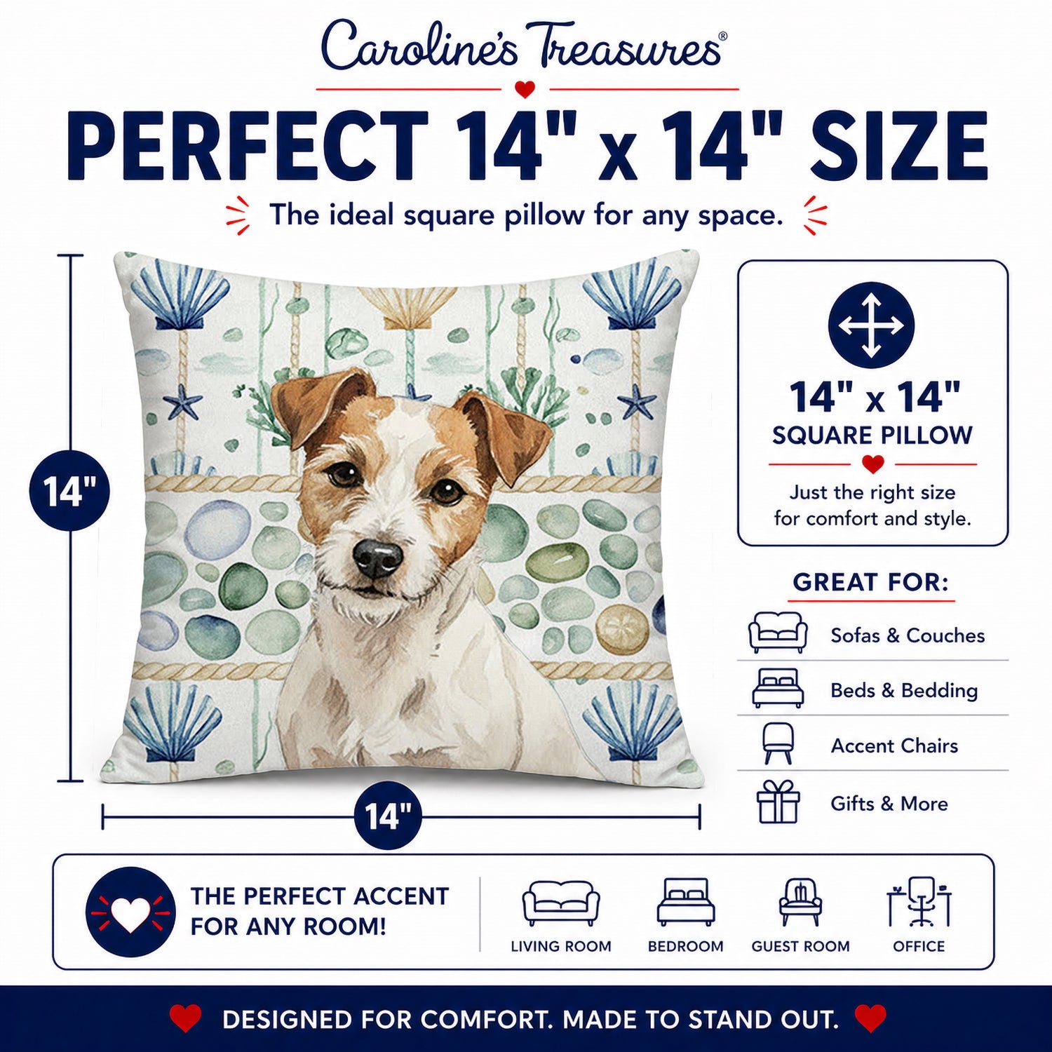 White with Tan Markings Russell Terrier Coastal Sea Glass Decorative Throw Pillow 14x14 Indoor Outdoor Accent Cushion, Fabric Cover with Insert for Sofa, Bed, Porch & Living Room