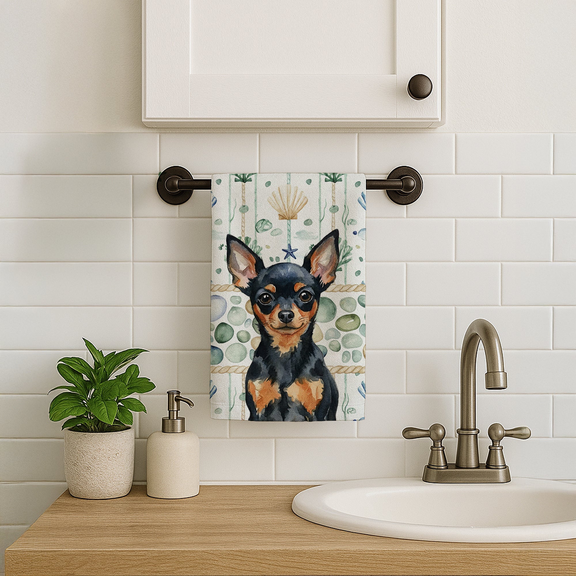 Black and Tan Russian Toy Coastal Sea Glass Kitchen Towel Velour Plush Front and Cotton Loop Back Machine Washable