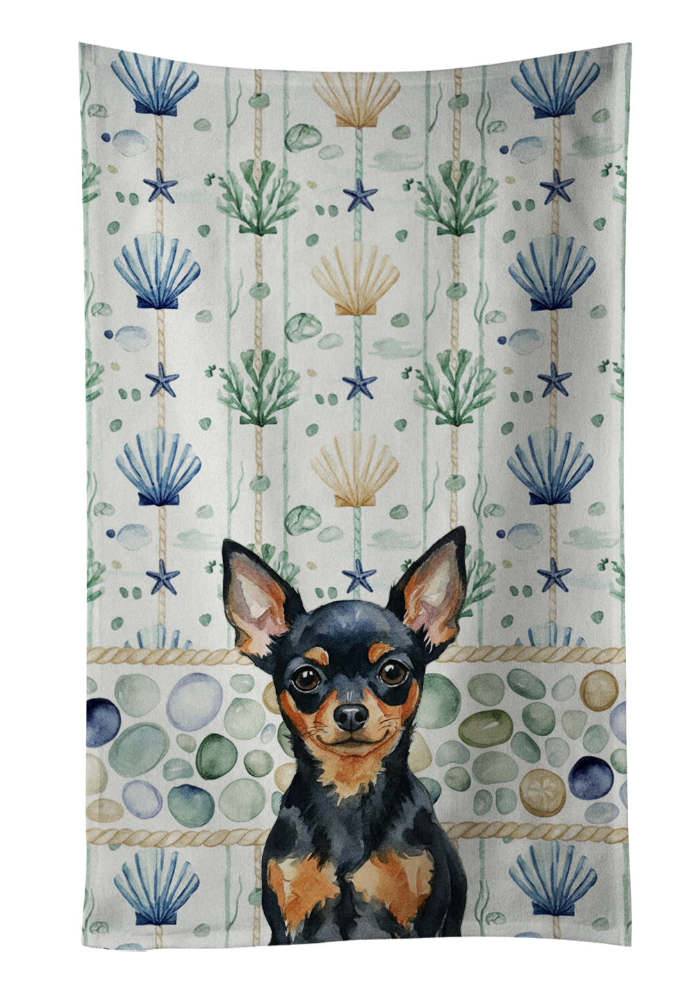 Black and Tan Russian Toy Coastal Sea Glass Kitchen Towel Velour Plush Front and Cotton Loop Back Machine Washable