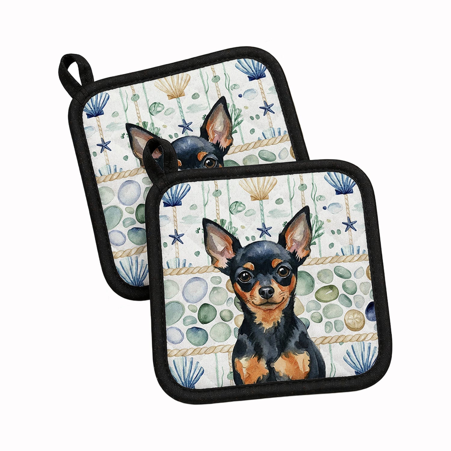 Black and Tan Russian Toy Coastal Sea Glass Pot Holder Set of 2 Heat Resistant Quilted Hot Pads 7.5 x 7.5 Inch, Insulated Kitchen Trivets for Cooking & Baking
