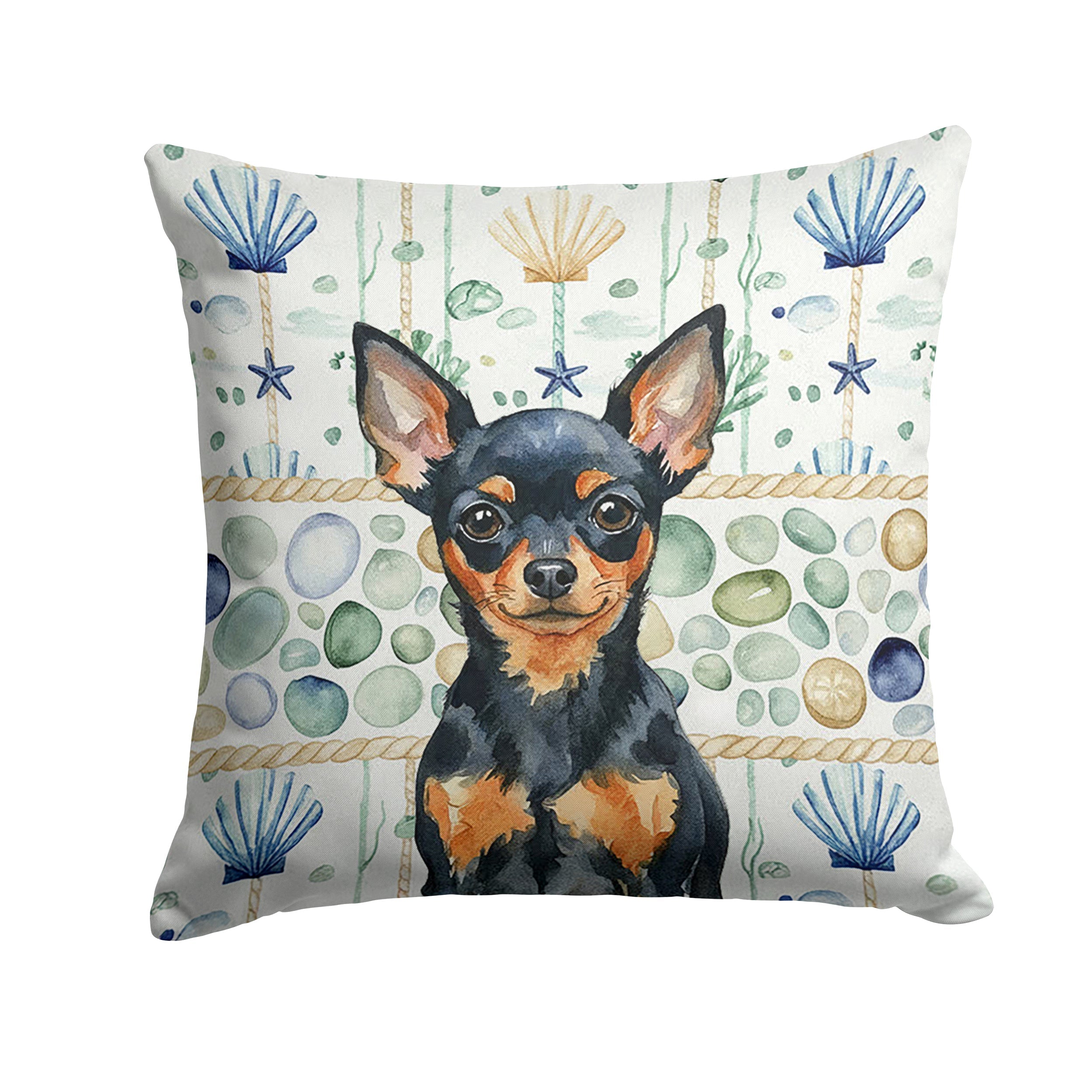 Black and Tan Russian Toy Coastal Sea Glass Decorative Throw Pillow 14x14 Indoor Outdoor Accent Cushion, Fabric Cover with Insert for Sofa, Bed, Porch & Living Room