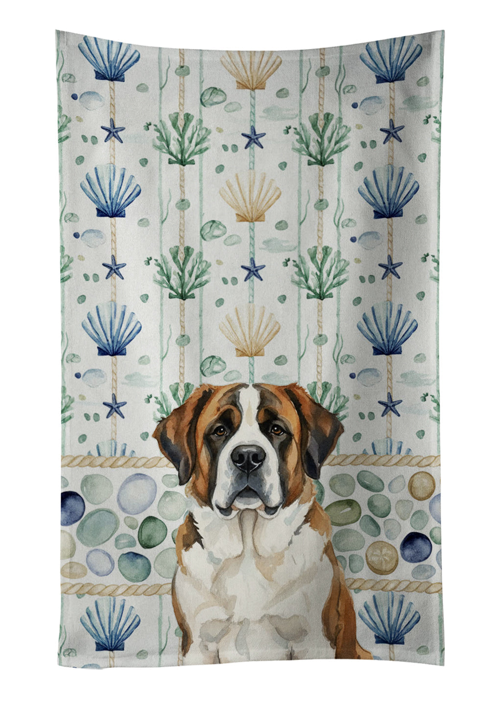 Brindle and White Saint Bernard Coastal Sea Glass Kitchen Towel Velour Plush Front and Cotton Loop Back Machine Washable