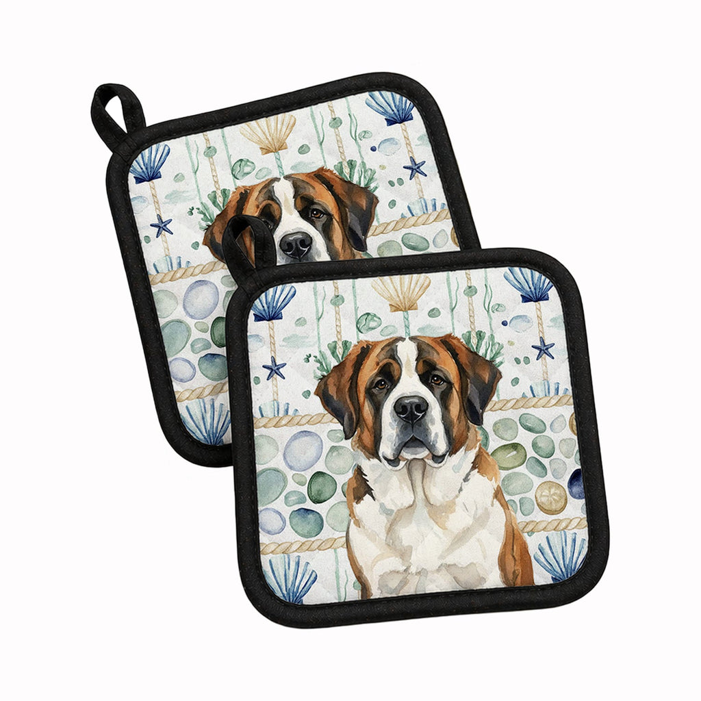 Brindle and White Saint Bernard Coastal Sea Glass Pot Holder Set of 2 Heat Resistant Quilted Hot Pads 7.5 x 7.5 Inch, Insulated Kitchen Trivets for Cooking & Baking
