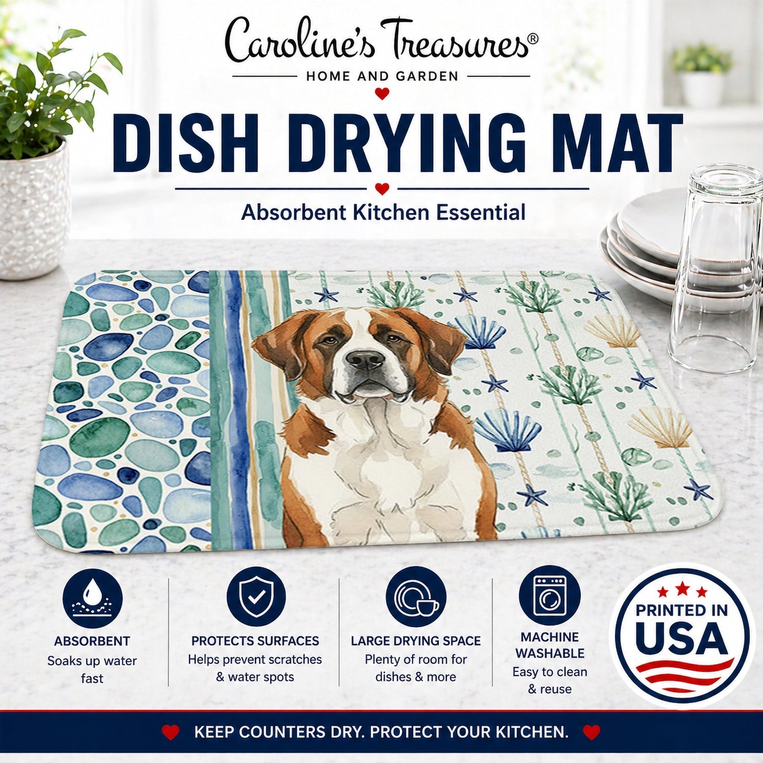 Brown and White Saint Bernard Coastal Sea Glass Dish Drying Mat Absorbent Dish Drying Mat Pad for Kitchen Counter Dish Drainer Mat for Countertop, 14 x 21", Multicolor