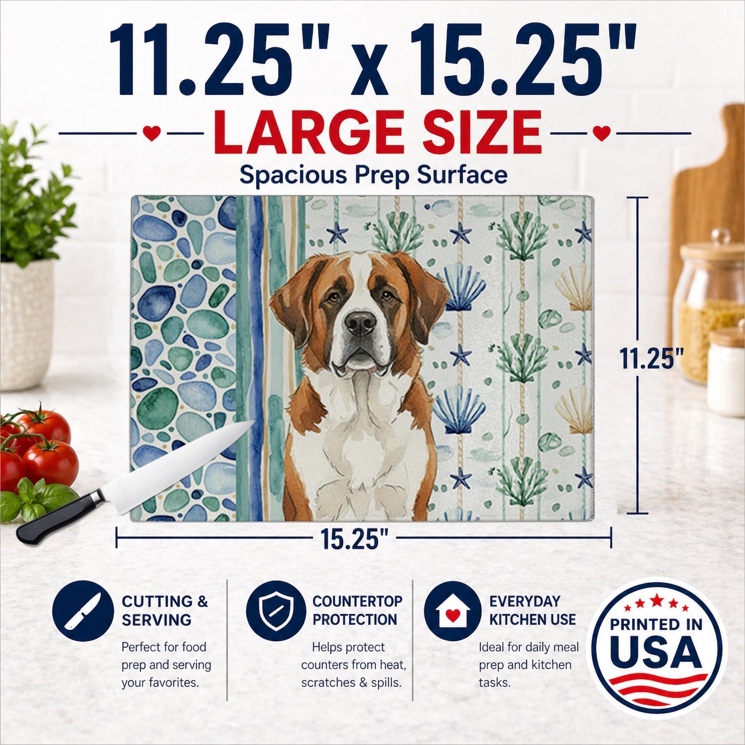 Brown and White Saint Bernard Coastal Sea Glass Cutting Board Tempered Glass Kitchen Cutting Surface, Heat Resistant Chopping, Non-Slip Feet, Food Prep & Serving