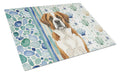Brown and White Saint Bernard Coastal Sea Glass Cutting Board Tempered Glass Kitchen Cutting Surface, Heat Resistant Chopping, Non-Slip Feet, Food Prep & Serving
