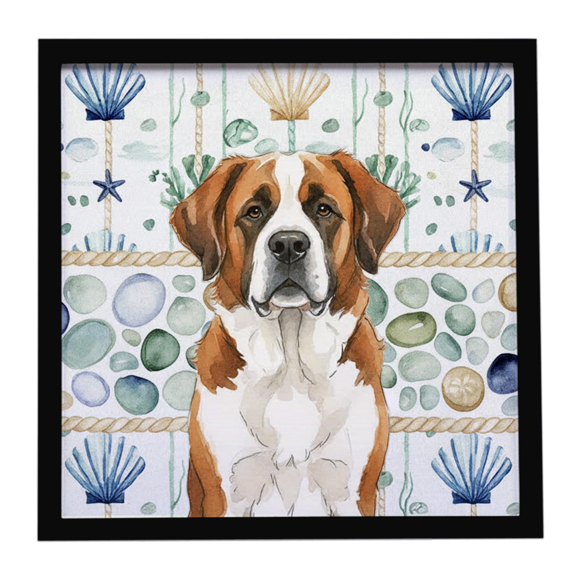 Brown and White Saint Bernard Coastal Sea Glass Framed Metal Print Bathroom, Kitchen, Office, Home Decor Wall Art Ready to Hang, Square, 8X8