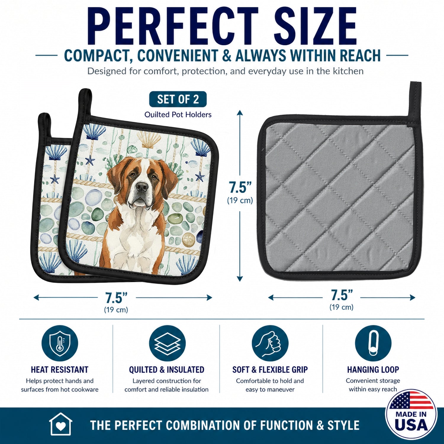 Brown and White Saint Bernard Coastal Sea Glass Pot Holder Set of 2 Heat Resistant Quilted Hot Pads 7.5 x 7.5 Inch, Insulated Kitchen Trivets for Cooking & Baking