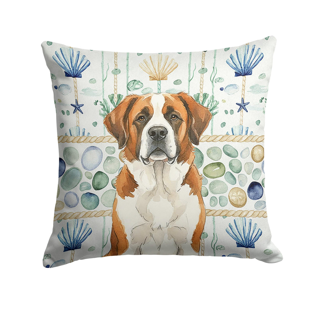Brown and White Saint Bernard Coastal Sea Glass Decorative Throw Pillow 14x14 Indoor Outdoor Accent Cushion, Fabric Cover with Insert for Sofa, Bed, Porch & Living Room