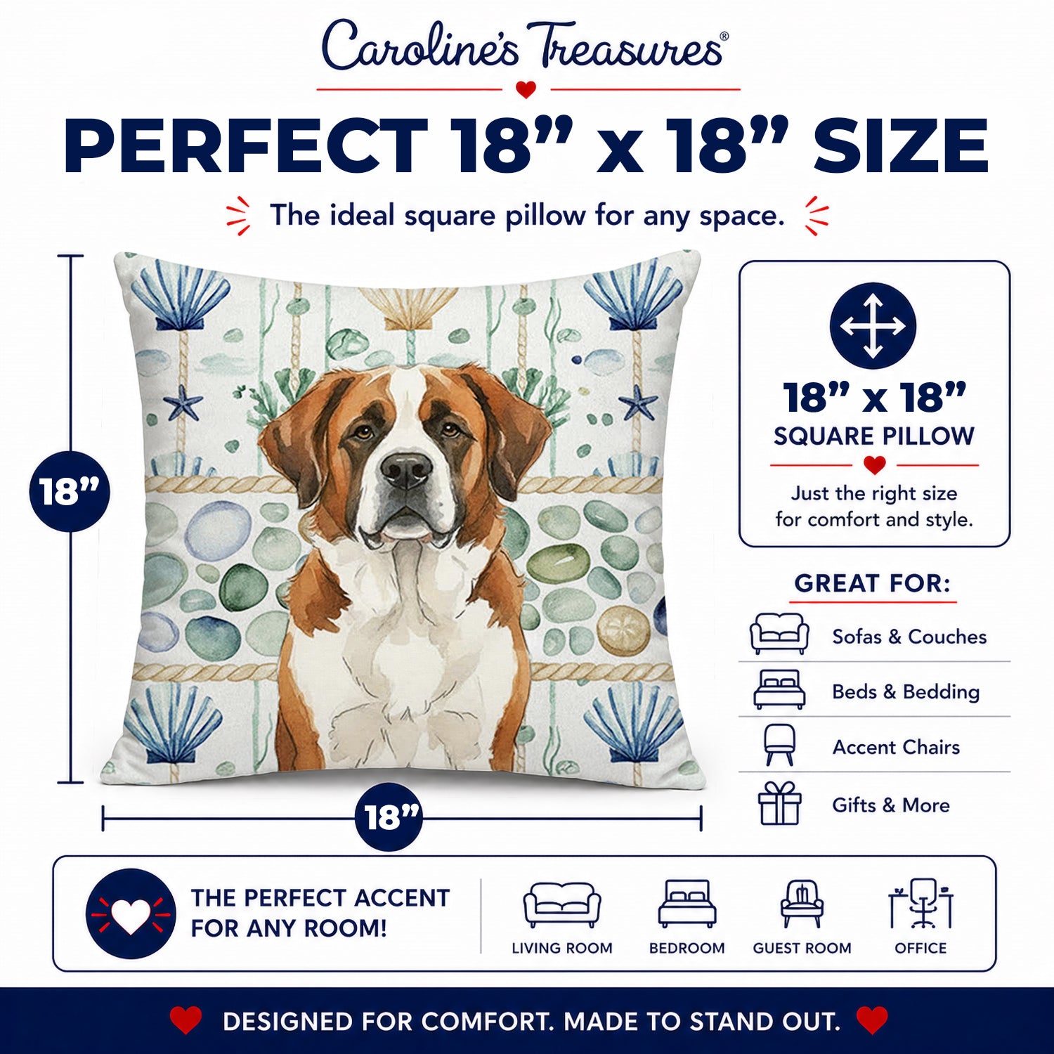 Brown and White Saint Bernard Coastal Sea Glass Decorative Throw Pillow 18x18 Indoor Outdoor Accent Cushion, Fabric Cover with Insert for Sofa, Bed, Porch & Living Room