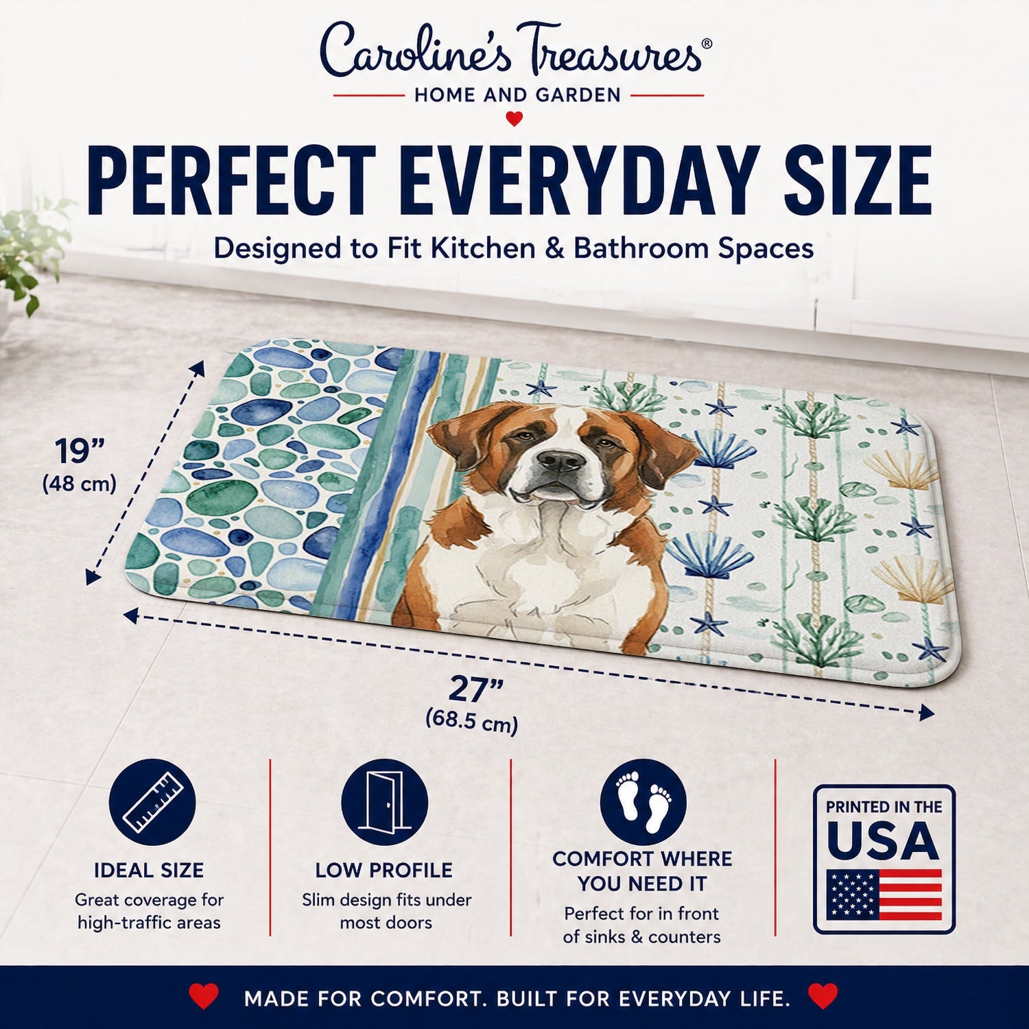Brown and White Saint Bernard Coastal Sea Glass Memory Foam Kitchen Mat Machine Washable Anti-Fatigue Cushion Comfort Bath or Kitchen Rug