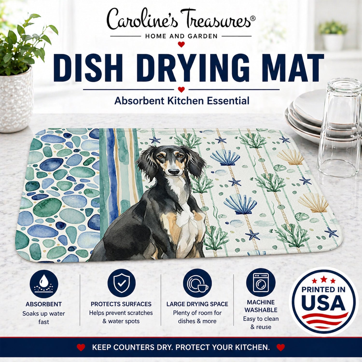 Black and Tan Saluki Coastal Sea Glass Dish Drying Mat Absorbent Dish Drying Mat Pad for Kitchen Counter Dish Drainer Mat for Countertop, 14 x 21", Multicolor