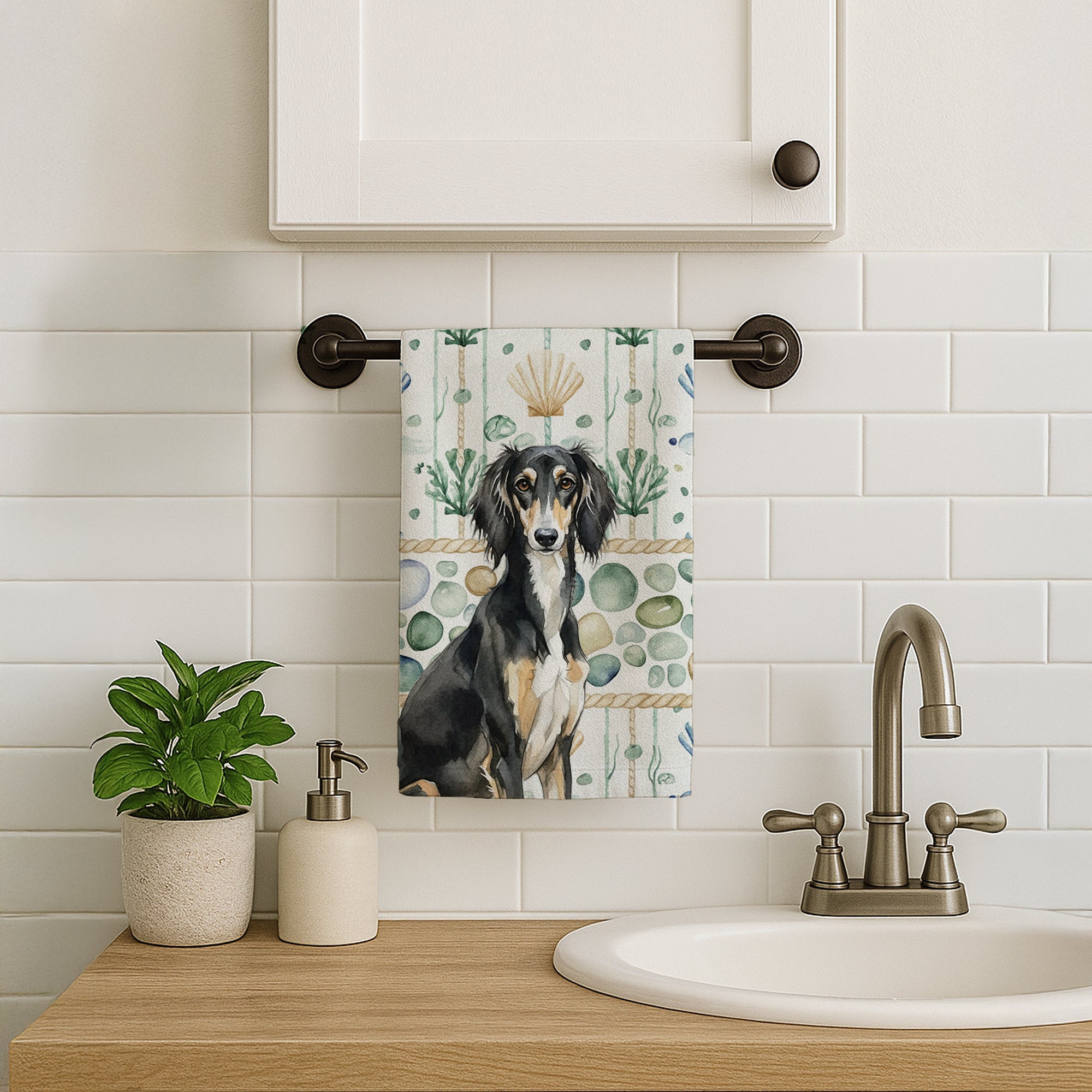 Black and Tan Saluki Coastal Sea Glass Kitchen Towel Velour Plush Front and Cotton Loop Back Machine Washable