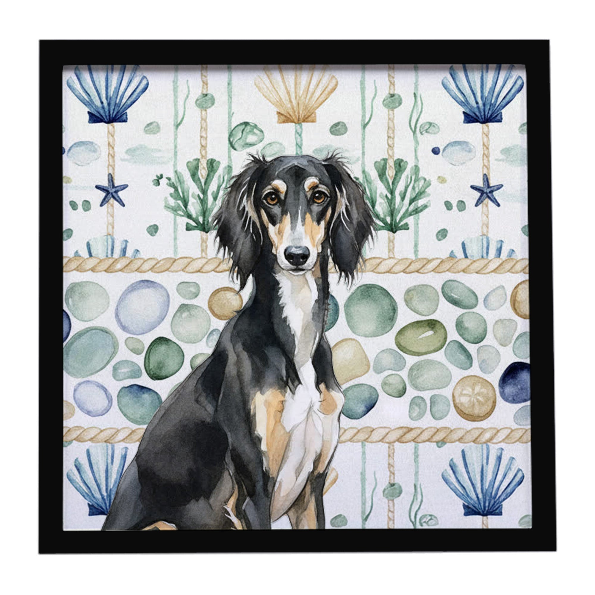 Black and Tan Saluki Coastal Sea Glass Framed Metal Print Bathroom, Kitchen, Office, Home Decor Wall Art Ready to Hang, Square, 8X8