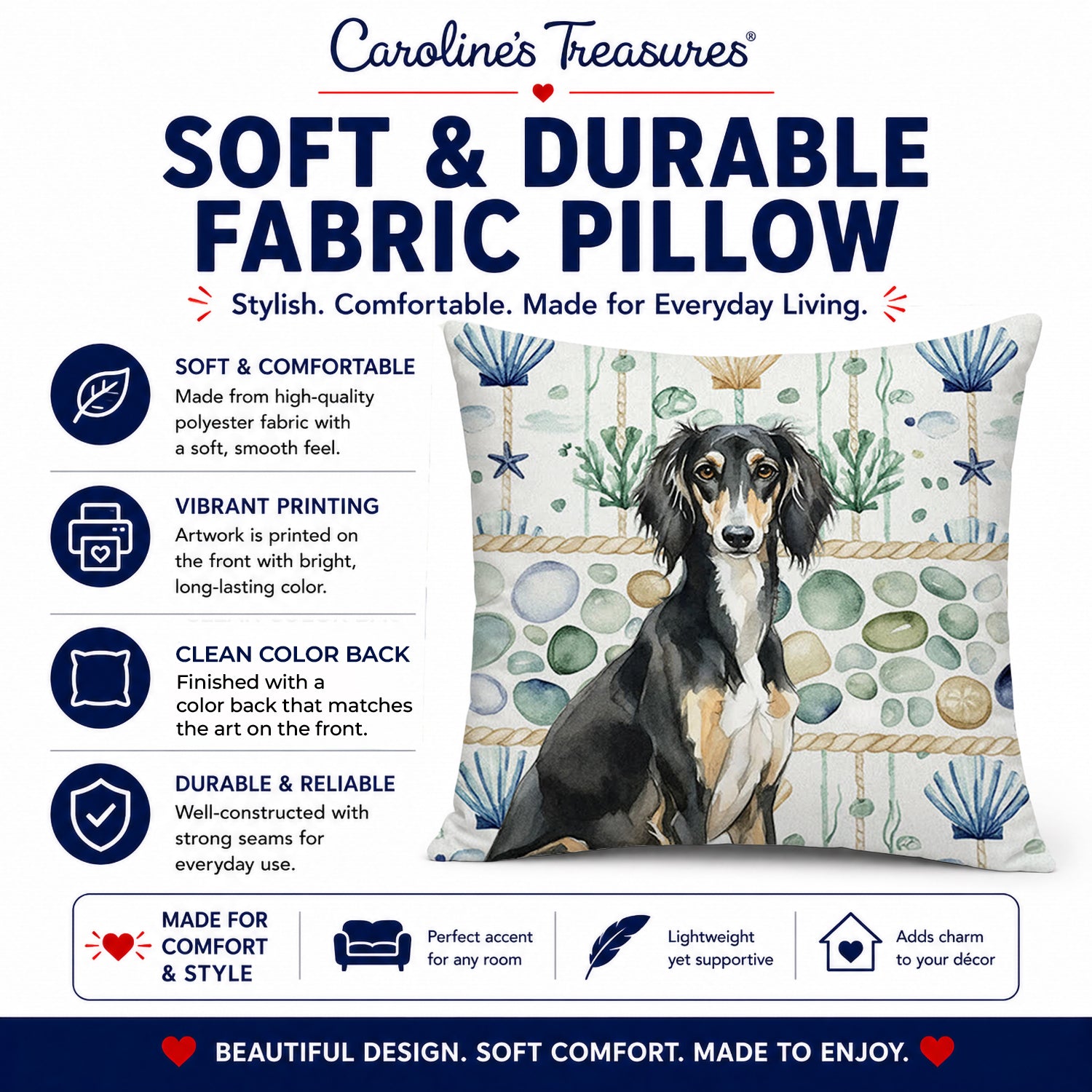 Black and Tan Saluki Coastal Sea Glass Decorative Throw Pillow 14x14 Indoor Outdoor Accent Cushion, Fabric Cover with Insert for Sofa, Bed, Porch & Living Room
