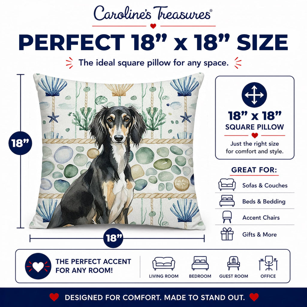 Black and Tan Saluki Coastal Sea Glass Decorative Throw Pillow 18x18 Indoor Outdoor Accent Cushion, Fabric Cover with Insert for Sofa, Bed, Porch & Living Room