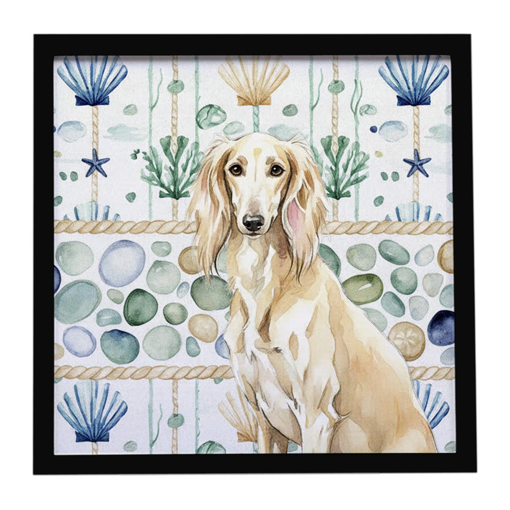 Cream Saluki Coastal Sea Glass Framed Metal Print Bathroom, Kitchen, Office, Home Decor Wall Art Ready to Hang, Square, 8X8