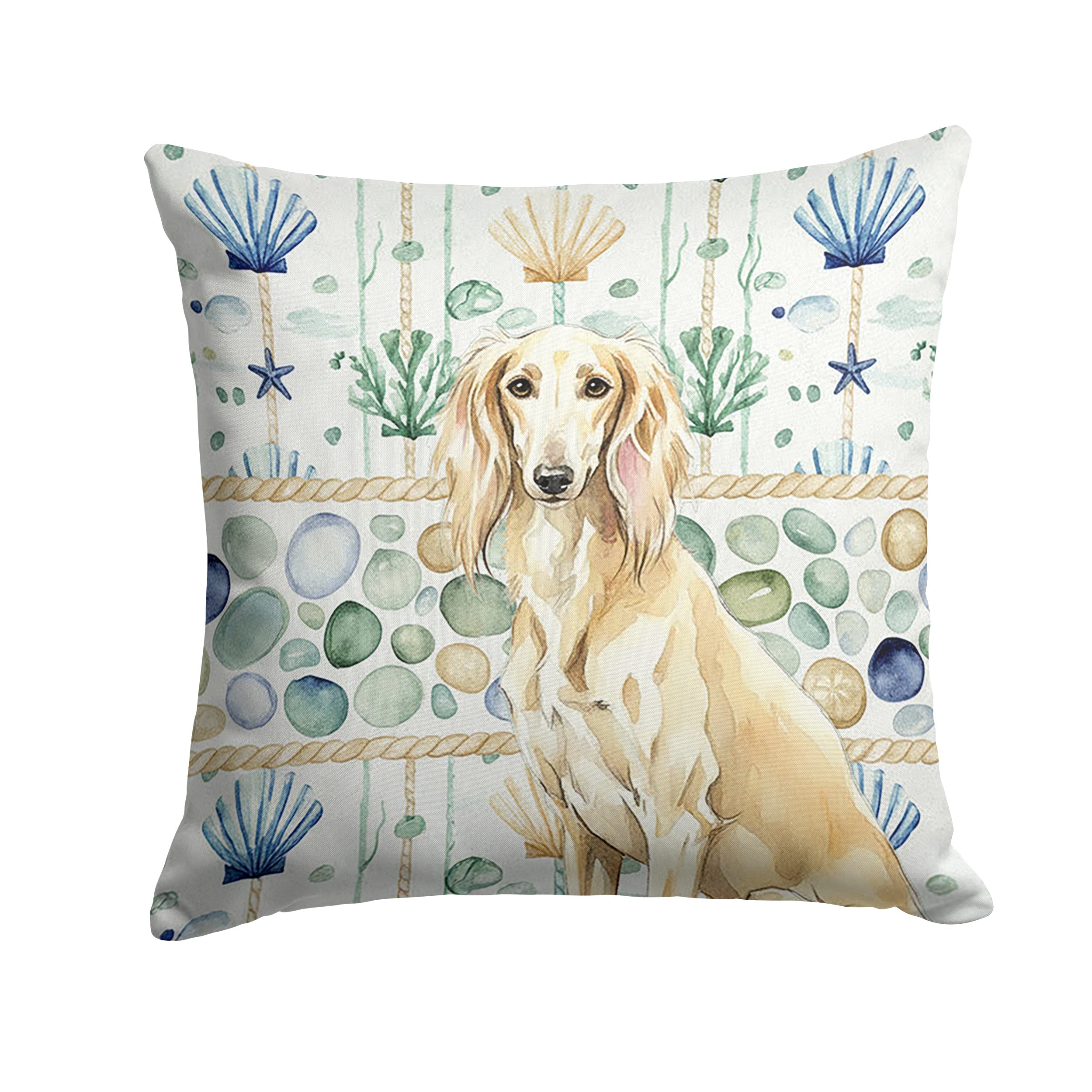 Cream Saluki Coastal Sea Glass Decorative Throw Pillow 14x14 Indoor Outdoor Accent Cushion, Fabric Cover with Insert for Sofa, Bed, Porch & Living Room