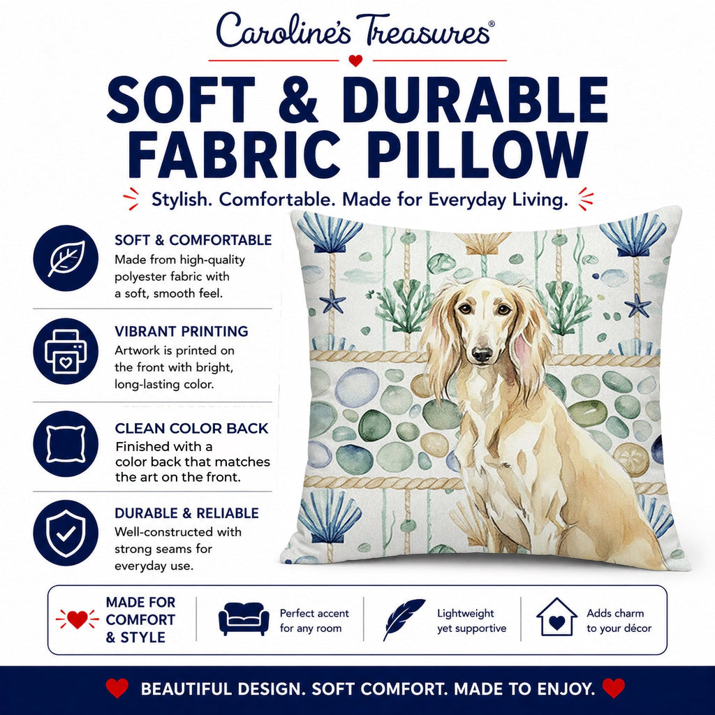 Cream Saluki Coastal Sea Glass Decorative Throw Pillow 18x18 Indoor Outdoor Accent Cushion, Fabric Cover with Insert for Sofa, Bed, Porch & Living Room