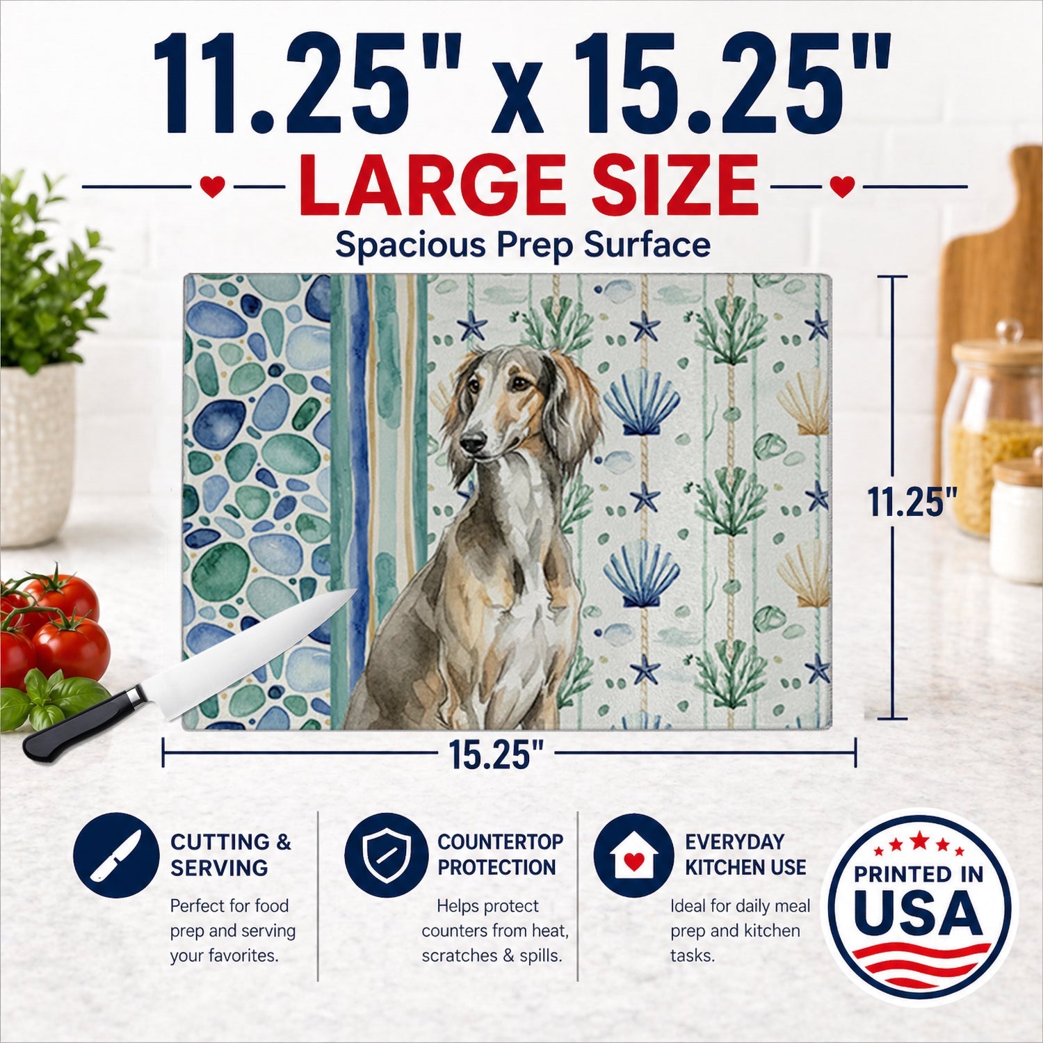 Grizzle Saluki Coastal Sea Glass Cutting Board Tempered Glass Kitchen Cutting Surface, Heat Resistant Chopping, Non-Slip Feet, Food Prep & Serving