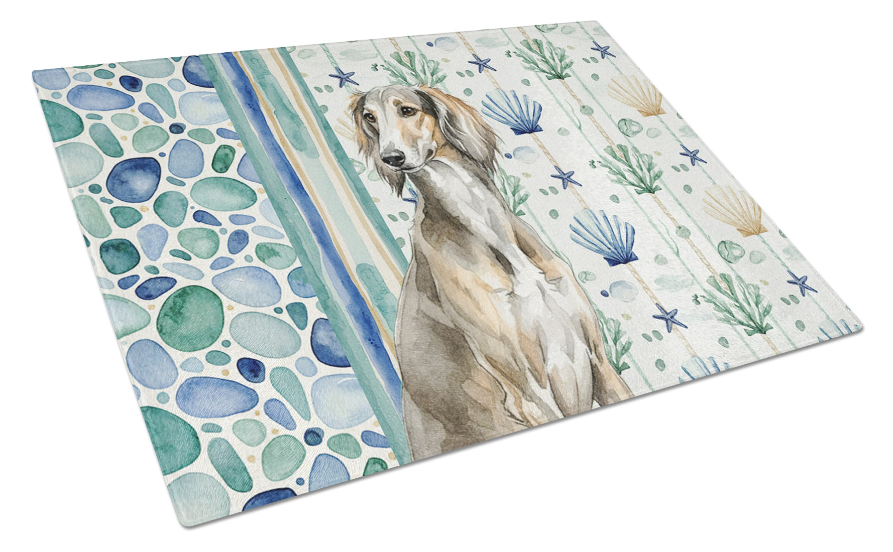 Grizzle Saluki Coastal Sea Glass Cutting Board Tempered Glass Kitchen Cutting Surface, Heat Resistant Chopping, Non-Slip Feet, Food Prep & Serving