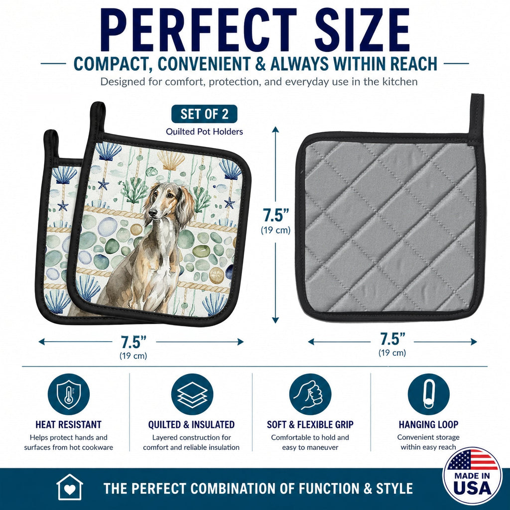 Grizzle Saluki Coastal Sea Glass Pot Holder Set of 2 Heat Resistant Quilted Hot Pads 7.5 x 7.5 Inch, Insulated Kitchen Trivets for Cooking & Baking