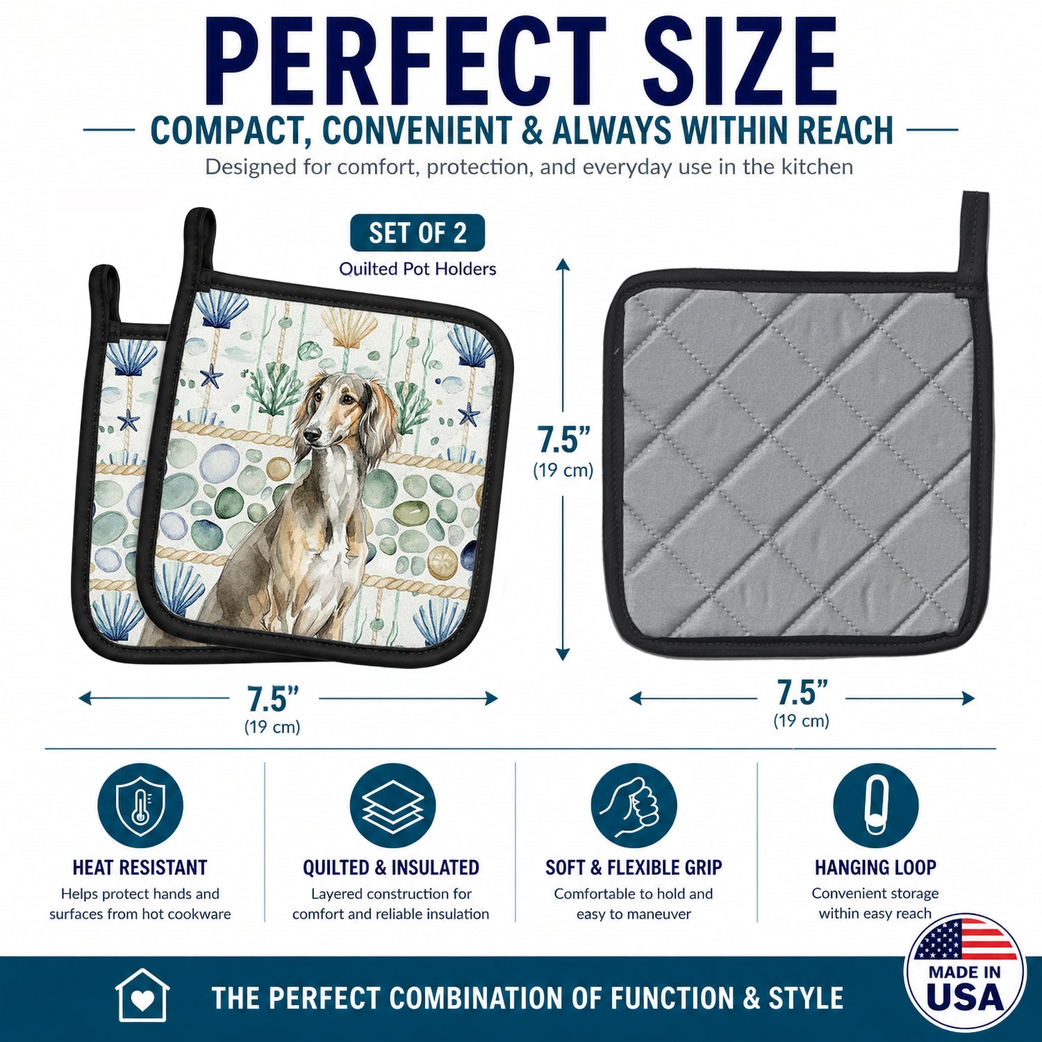 Grizzle Saluki Coastal Sea Glass Pot Holder Set of 2 Heat Resistant Quilted Hot Pads 7.5 x 7.5 Inch, Insulated Kitchen Trivets for Cooking & Baking